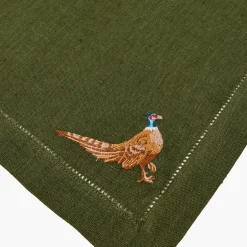 Green Embroidered Pheasant Linen Napkins (Set of 4)