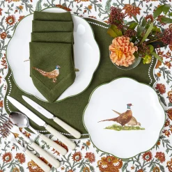 Green Embroidered Pheasant Linen Napkins (Set of 4)