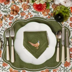 Green Embroidered Pheasant Linen Napkins (Set of 4)