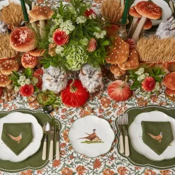 Green Embroidered Pheasant Linen Napkins (Set of 4)