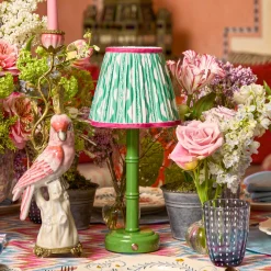 Green Leonora Lacquer Rechargeable Lamp with Green & Raspberry Ikat Shade (18cm)