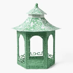 Large Green Rattan Chinoiserie Pagoda Lantern