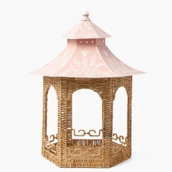 Large Natural Rattan & Pink Chinoiserie Pagoda Lantern