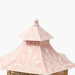 Large Natural Rattan & Pink Chinoiserie Pagoda Lantern
