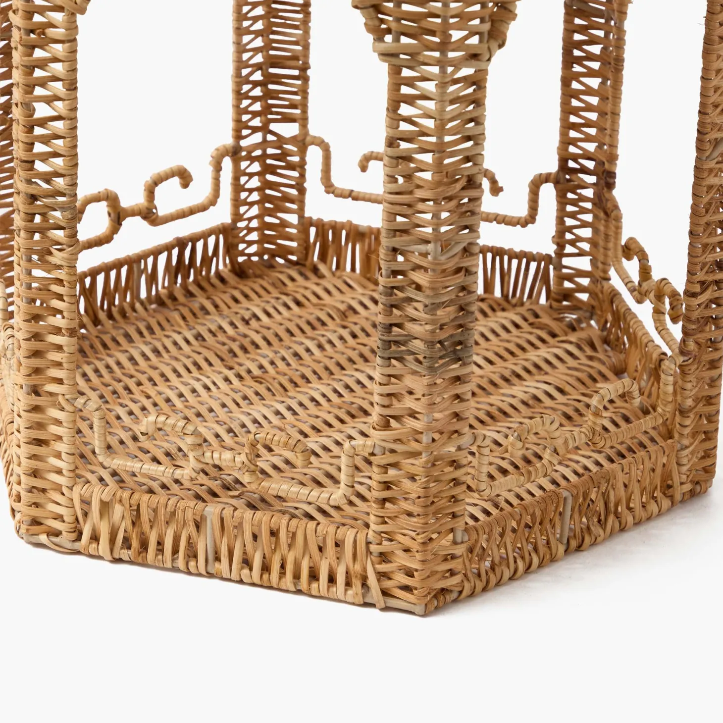 Large Natural Rattan & Pink Chinoiserie Pagoda Lantern