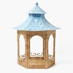 Large Natural Rattan & Blue Chinoiserie Pagoda Lantern