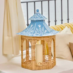 Large Natural Rattan & Blue Chinoiserie Pagoda Lantern