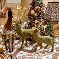 Large Olive Green Flocked Reindeer (Pair)
