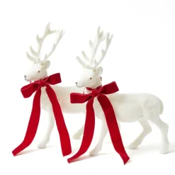 Large White Flocked Reindeer with Velvet Bows (Pair)