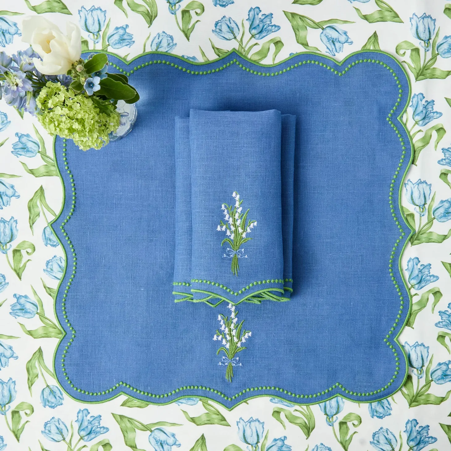 Lily of the Valley Blue Linen Napkins (Set of 4)