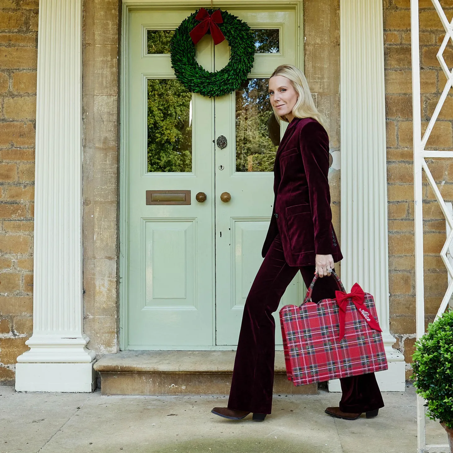 Mrs. Alice Tote Bag (Red Tartan) With Bow