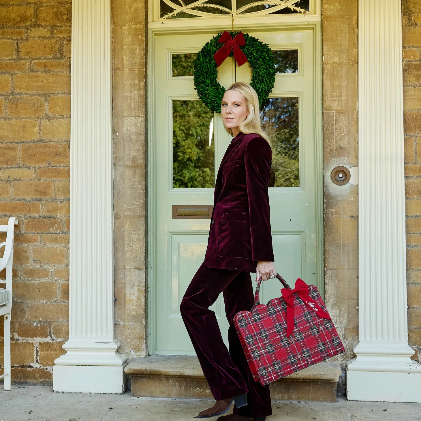 Mrs. Alice Tote Bag (Red Tartan) With Bow