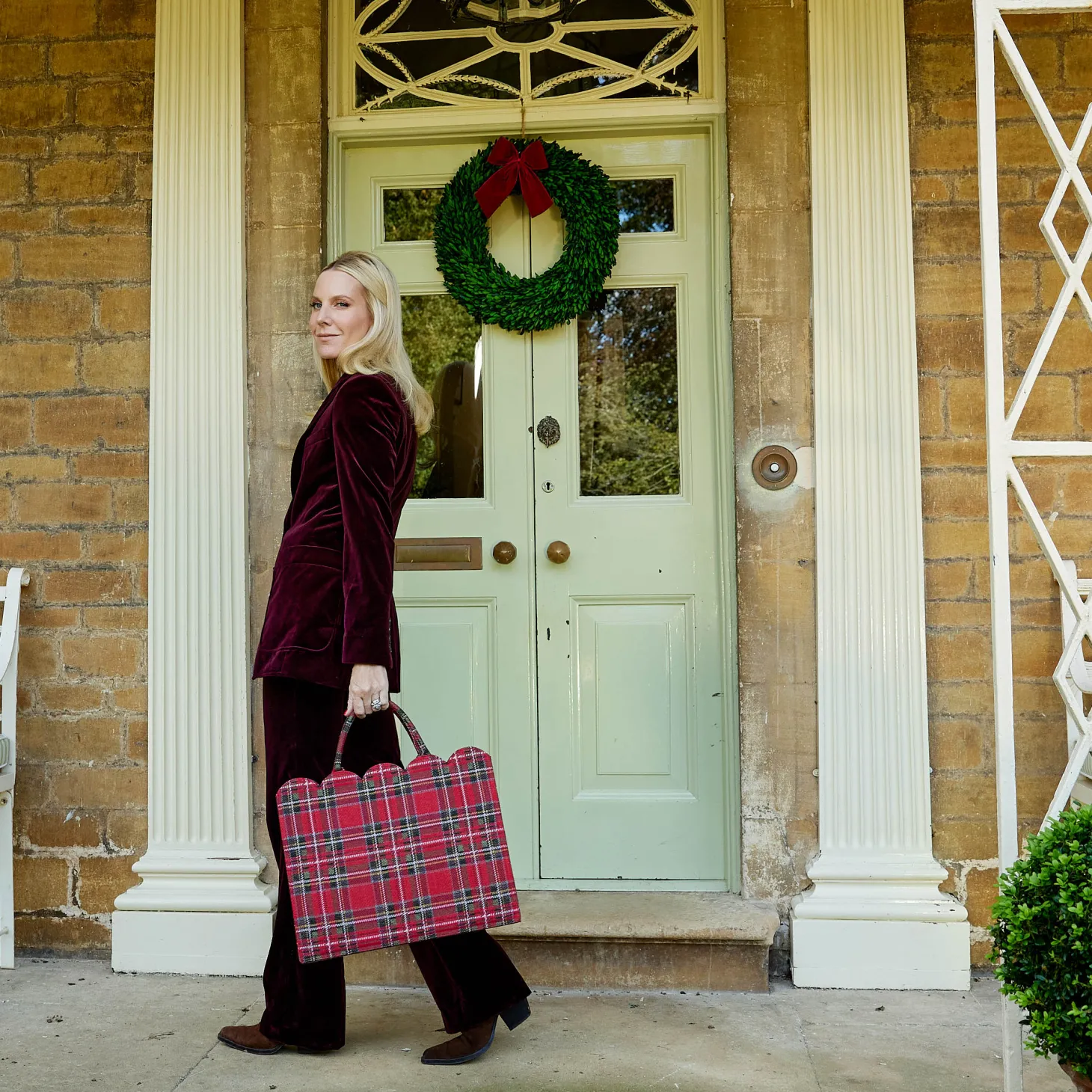 Mrs. Alice Tote Bag (Red Tartan) With Bow