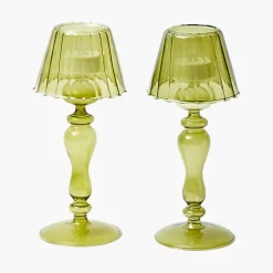 Olive Glass Lantern Tea Light Holder (Pair) - 24 cm