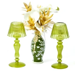Olive Glass Lantern Tea Light Holder (Pair) - 24 cm