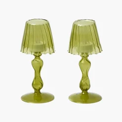 Olive Glass Lantern Tea Light Holder (Pair) - 18 cm