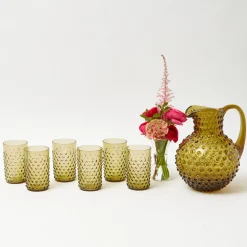 Olive Green Hobnail Jug & Glasses (Set of 6)