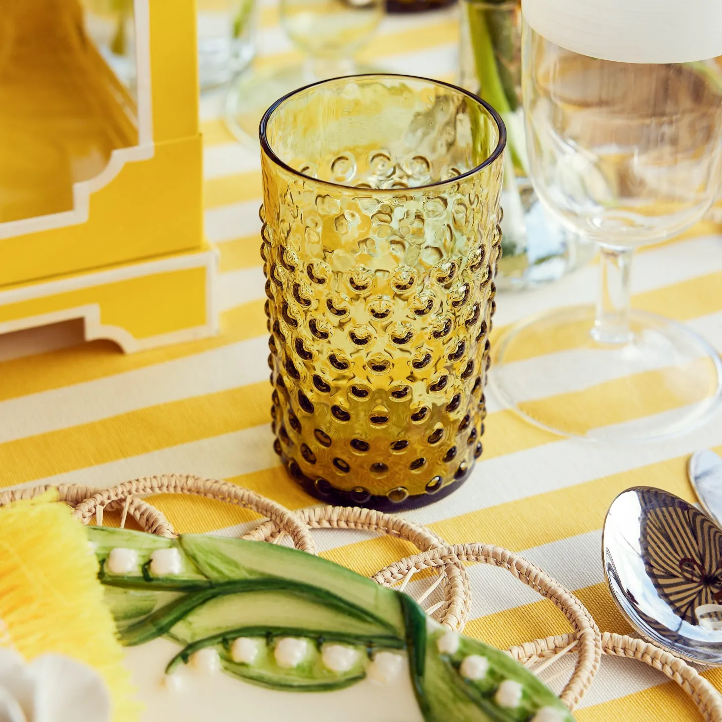 Olive Green Hobnail Jug & Glasses (Set of 6)