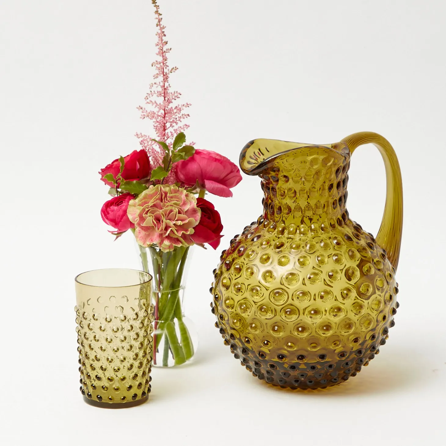 Olive Green Hobnail Jug & Glasses (Set of 6)