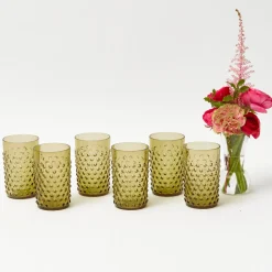 Olive Green Hobnail Jug & Glasses (Set of 6)