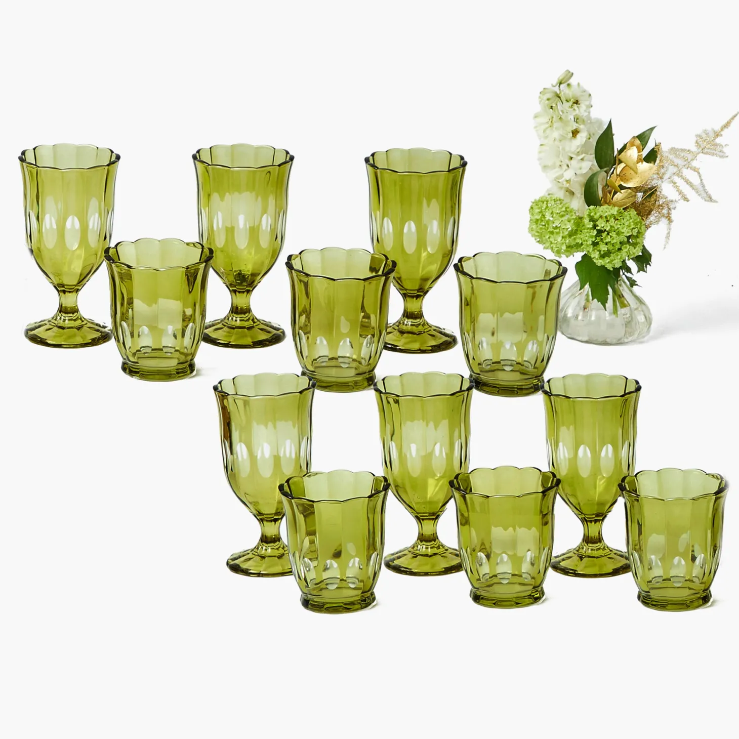 Olive Scalloped Glassware (Set of 12)