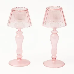 Pink Glass Lantern Tea Light Holder (Pair) - 24cm