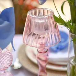 Pink Glass Lantern Tea Light Holder (Pair) - 24cm