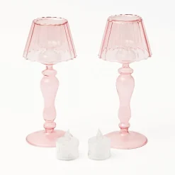 Pink Glass Lantern Tea Light Holder (Pair) - 24cm