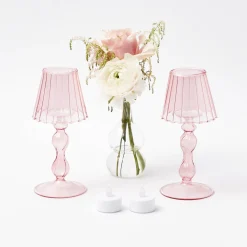 Pink Glass Lantern Tea Light Holder (Pair) - 18cm