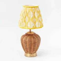 Rattan Ursula Rechargeable Lamp with Yellow Ikat Shade (18cm)