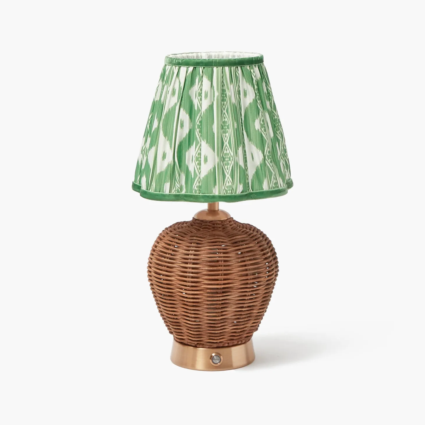Rattan Ursula Rechargeable Lamp with Green Ikat Shade (18cm)