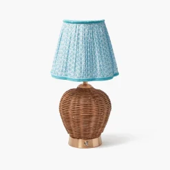 Rattan Ursula Rechargeable Lamp with Soft Blue Lotus Shade (18cm)