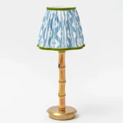 Rechargeable Bamboo Lamp with Blue & Green Ikat Shade (18cm)