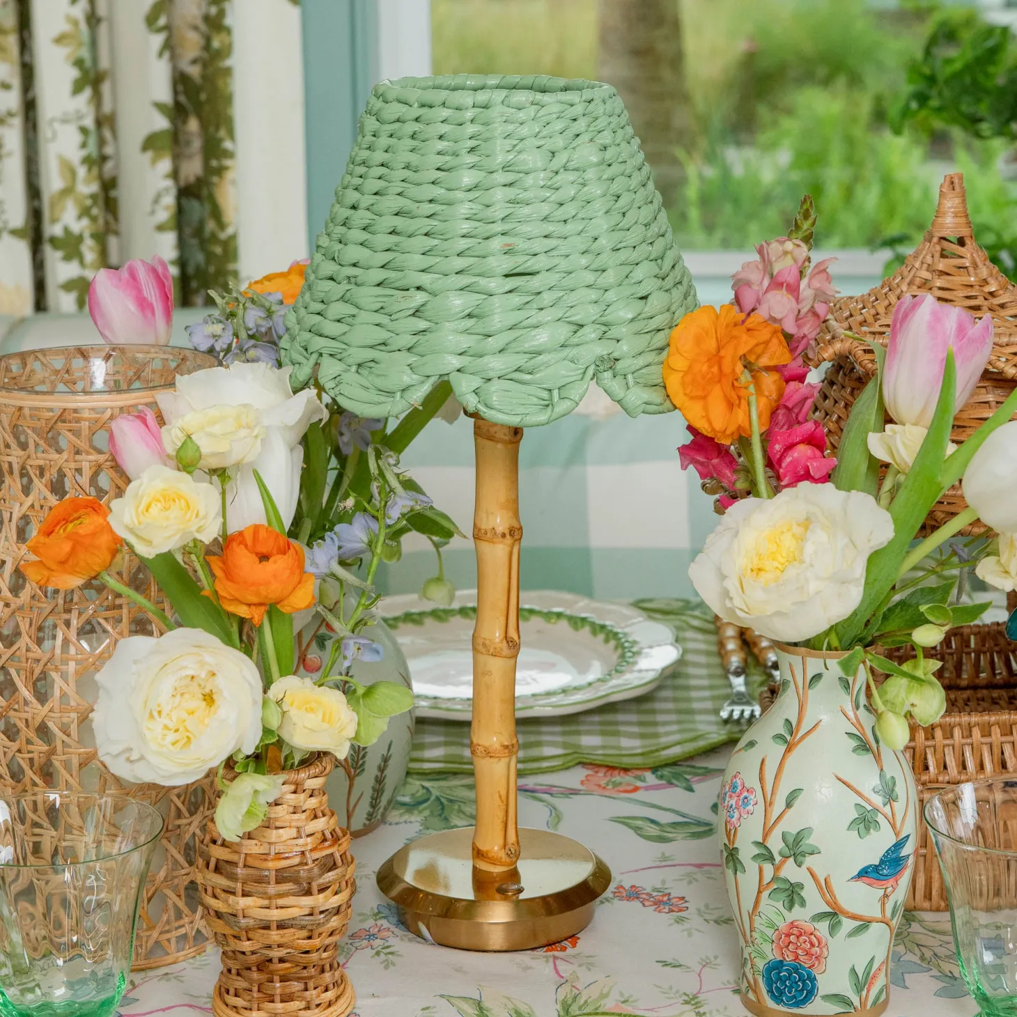 Rechargeable Bamboo Lamp with Green Seagrass Shade