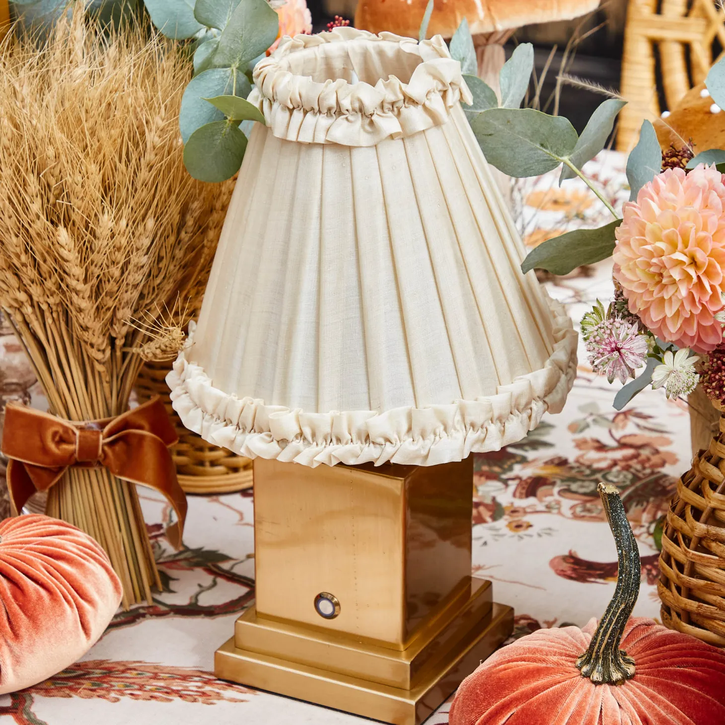 Rechargeable Lamp with Cream Frilled Silk Shade (18cm)