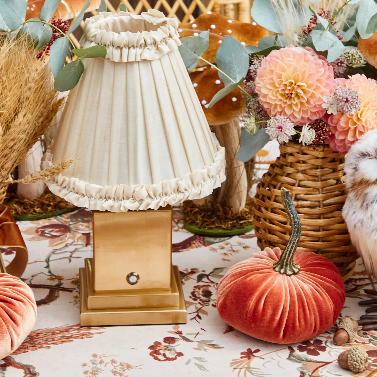 Rechargeable Lamp with Cream Frilled Silk Shade (18cm)