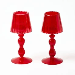 Red Glass Lantern Tea Light Holder (Pair) - 18 cm