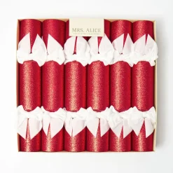 Red Glitter Crackers With White Velvet Bows (Set of 6)
