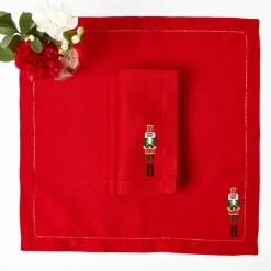 Red Linen Embroidered Nutcracker Napkins (Set of 4)