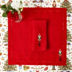 Red Linen Embroidered Nutcracker Napkins (Set of 4)