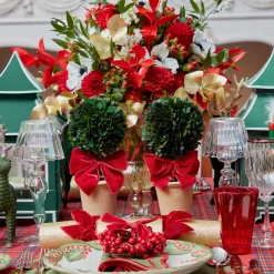 Red Ribboned Potted Boxwood Ball (Pair)