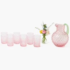Rose Hobnail Jug with Emerald Handle & Glasses (Set of 6)
