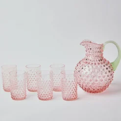 Rose Hobnail Jug with Emerald Handle & Glasses (Set of 6)