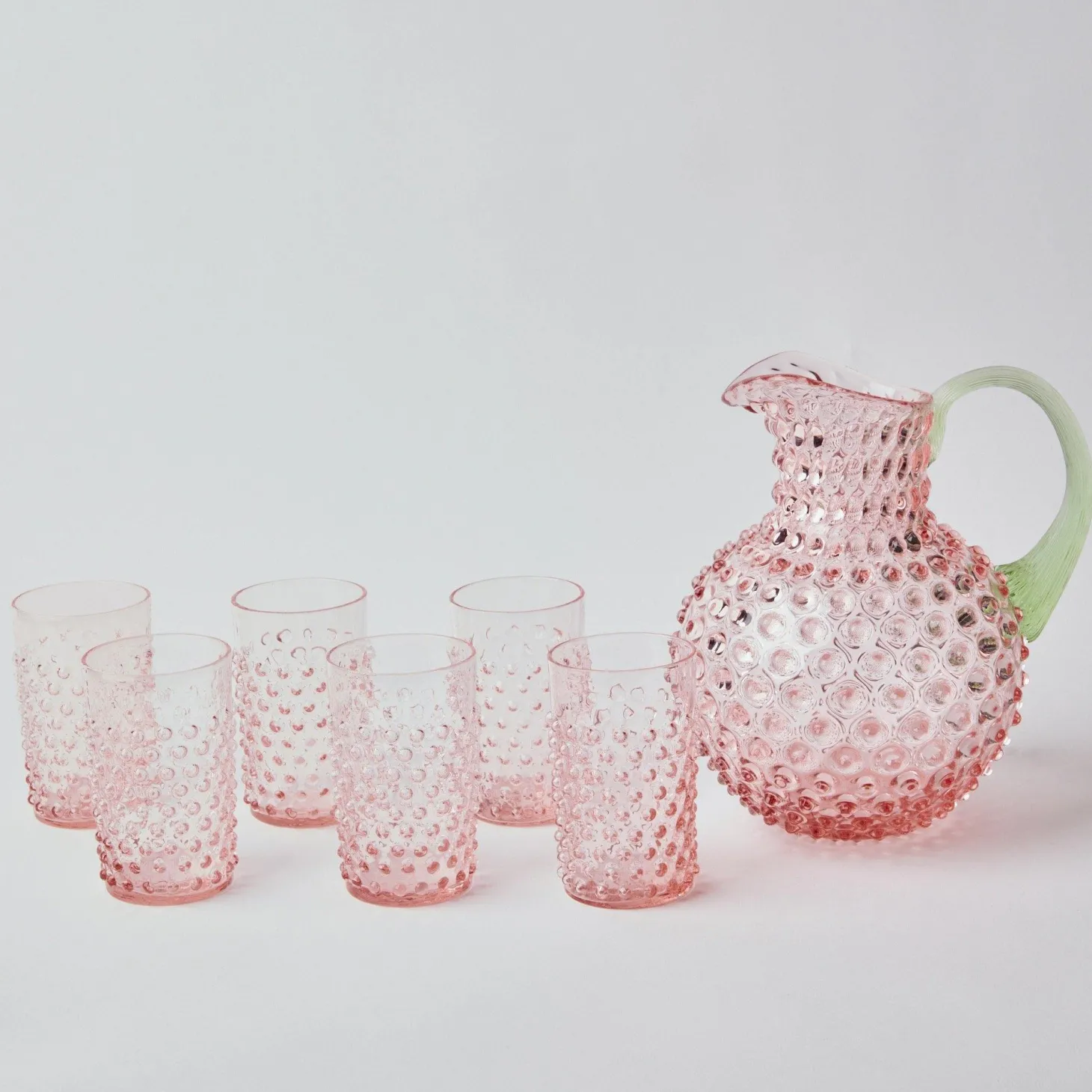 Rose Hobnail Jug with Emerald Handle & Glasses (Set of 6)
