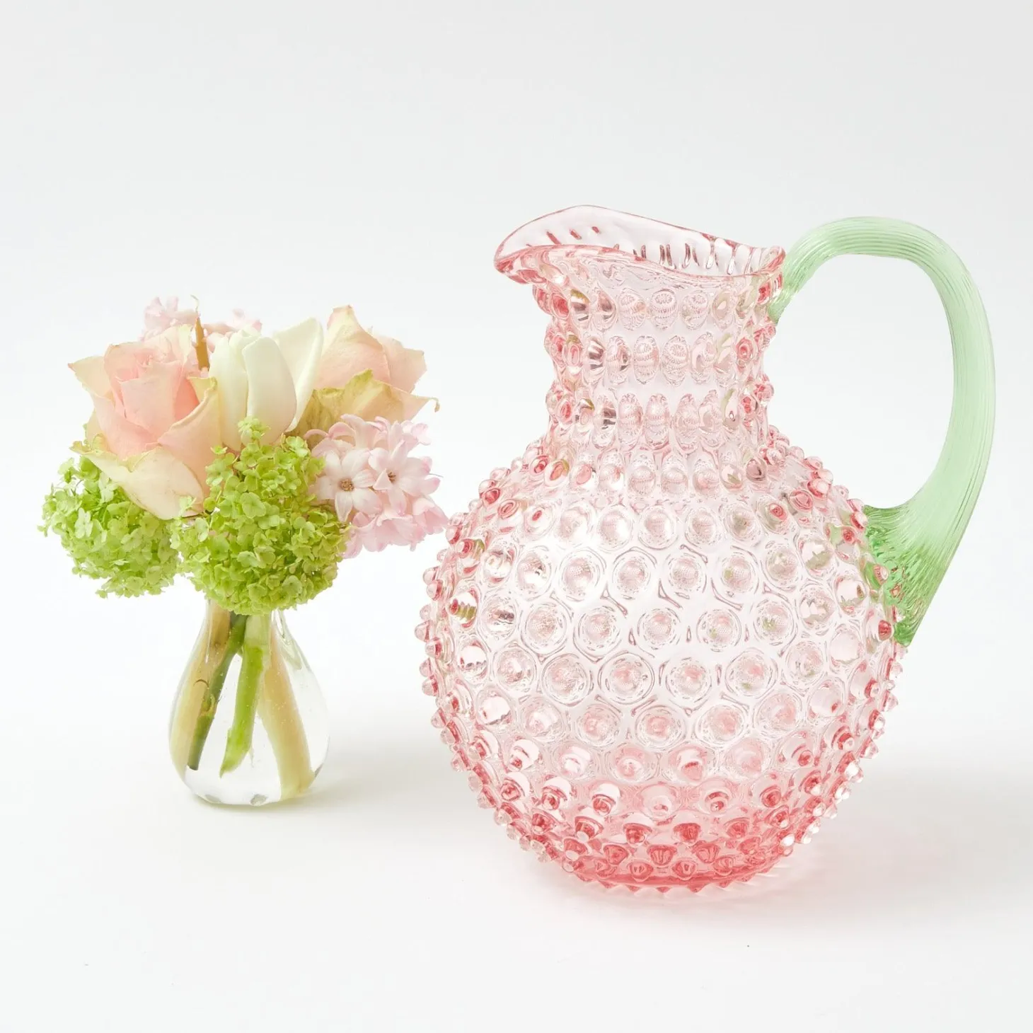 Rose Hobnail Jug with Emerald Handle & Glasses (Set of 6)