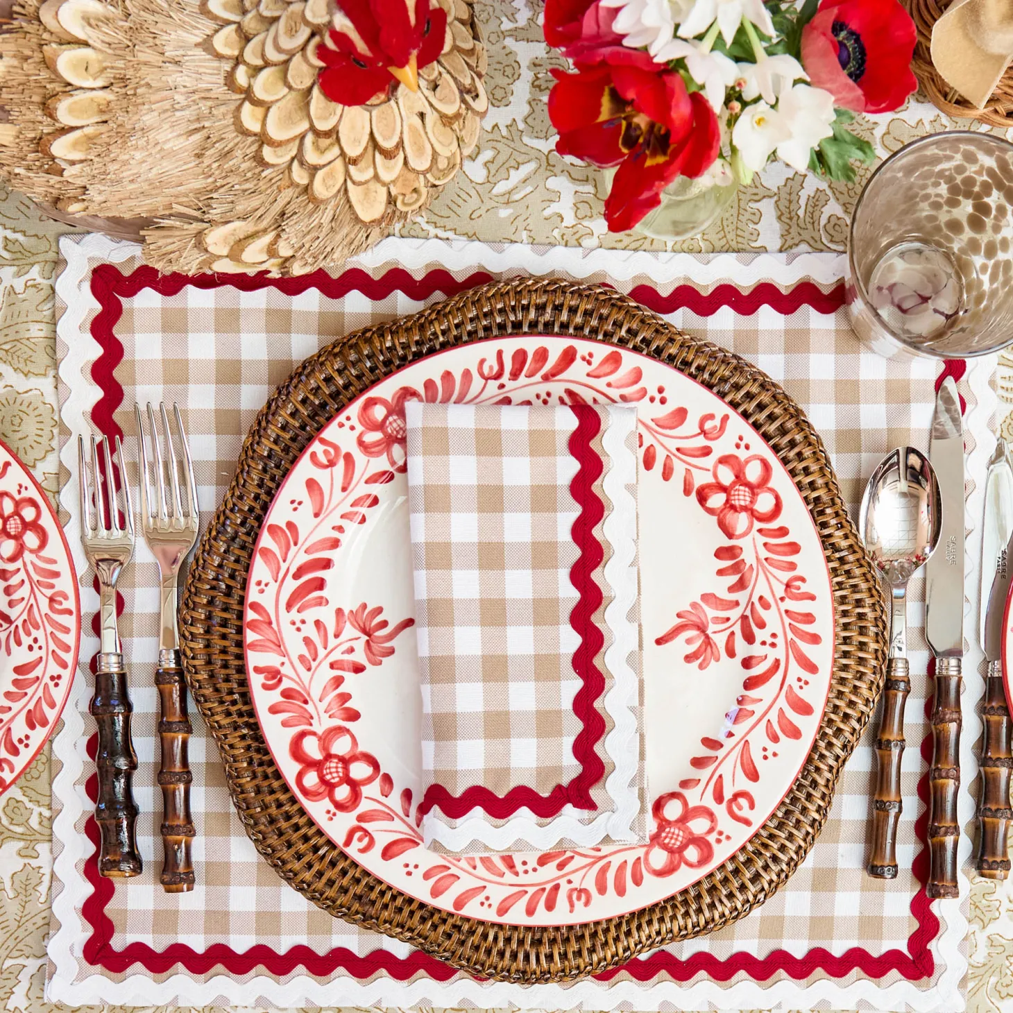 Rossina Putty Gingham & Red Napkins (Set of 4)