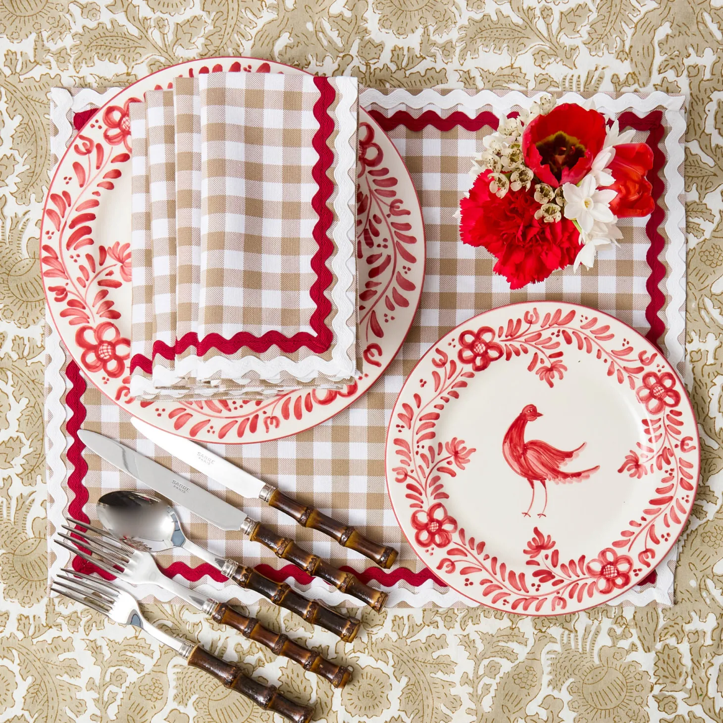 Rossina Putty Gingham & Red Napkins (Set of 4)