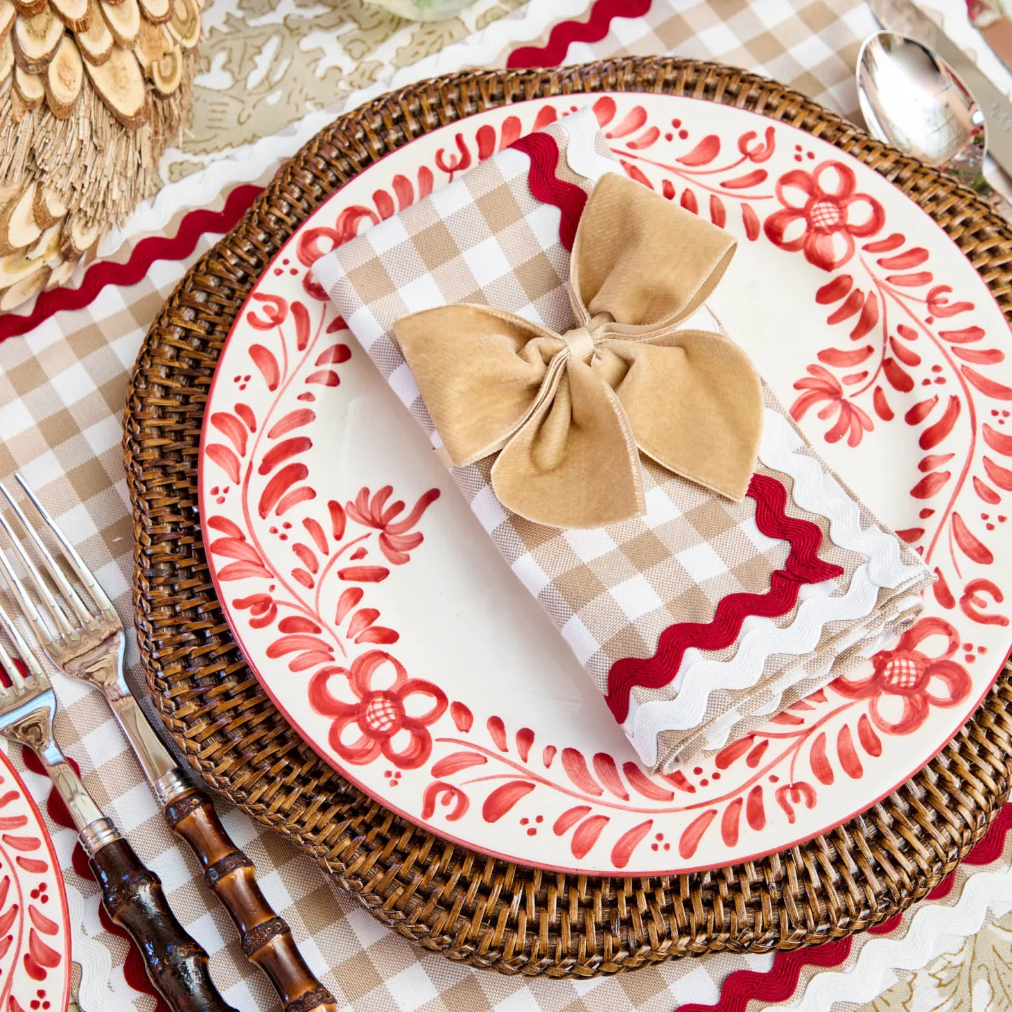 Rossina Putty Gingham & Red Napkins (Set of 4)
