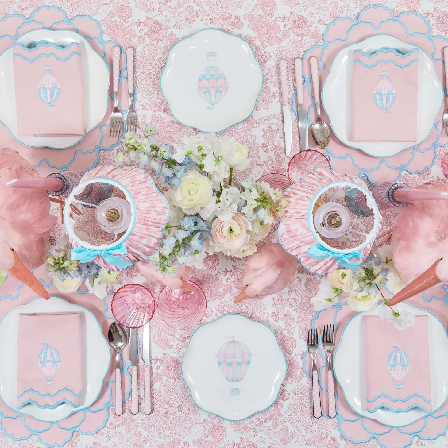 Sarah Pink & Blue Hot Air Balloon Embroidered Napkins (Set of 4)