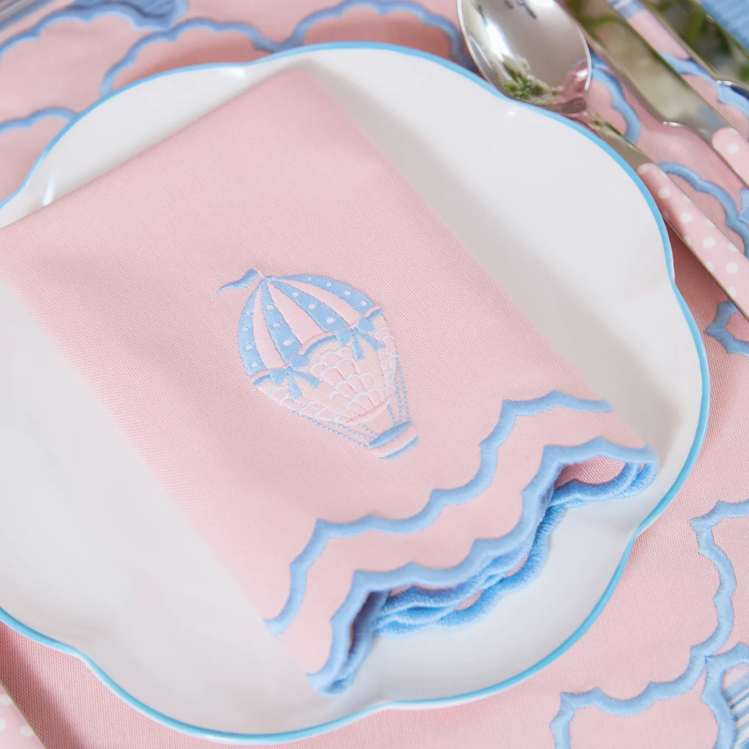 Sarah Pink & Blue Hot Air Balloon Embroidered Napkins (Set of 4)